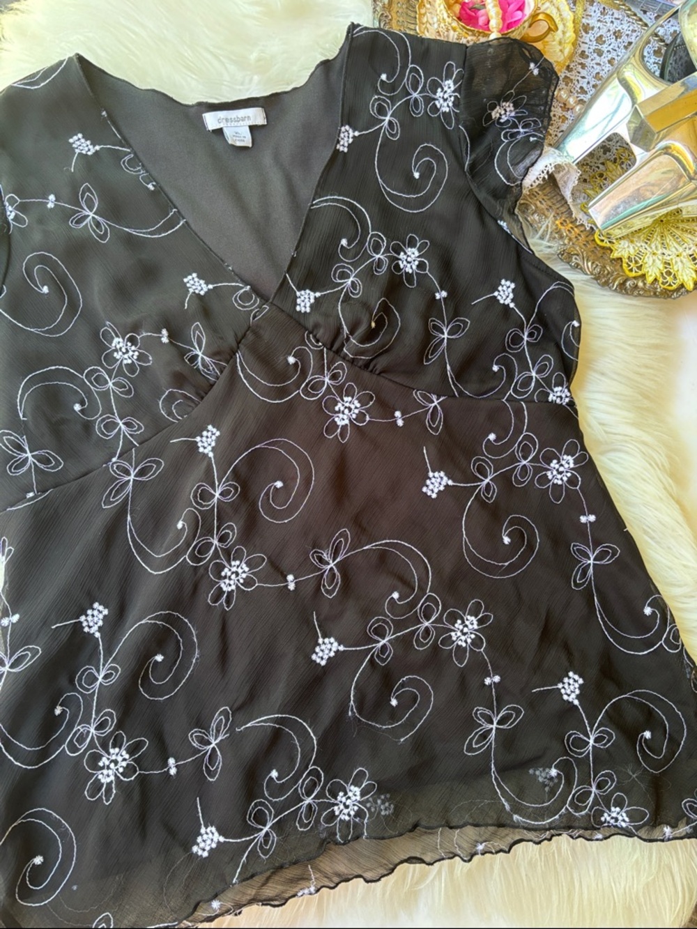 Vintage Y2K Fairy Babydoll Milkmaid Embroidered Betsey Johnson XL Black Floral